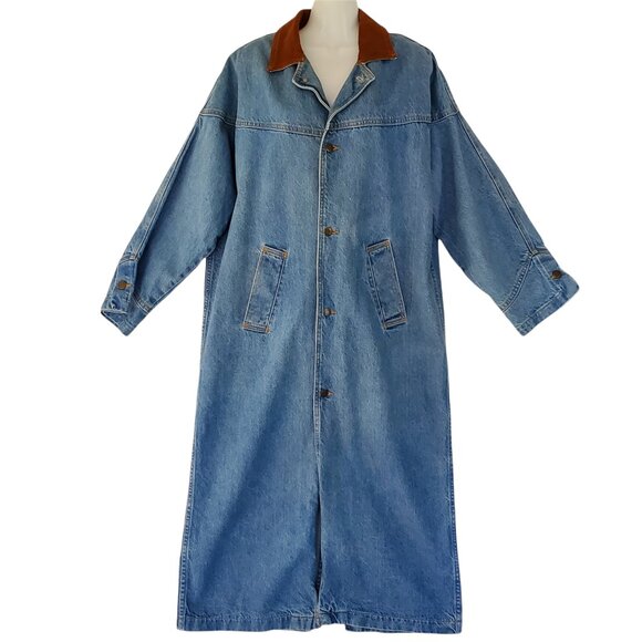 VTG SUNBELT Western Denim Duster Coat Women's M/L Tooled Leather Button Pockets - Picture 2 of 14